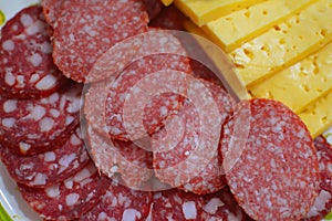 Pieces of sausage and cheese on a plate