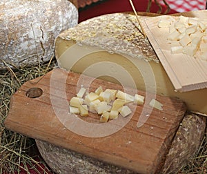 Pieces of seasoned cheese in local market