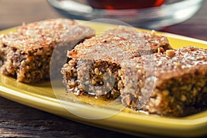 Pieces of Sheki halva on a plate