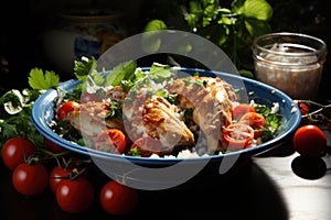 Pieces of skilled chicken in blue ceramic pla