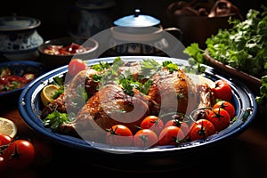 Pieces of skilled chicken in blue ceramic pla
