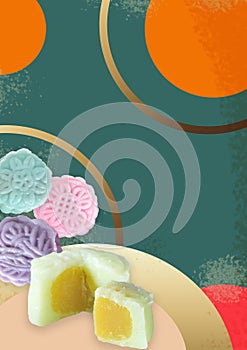 Pieces of Snow Skin Mooncake on Colorful Background