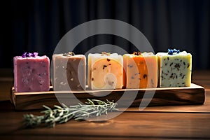 Pieces of soap with different scents. Handmade soap. Careful skin care. photo