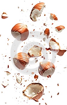 Pieces of tasty hazelnuts falling on white background photo
