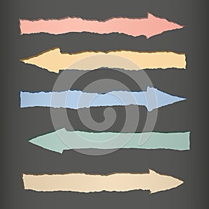 Pieces of torn colorful sticky blank paper, arrow symbol