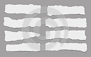 Pieces of torn horizontal white paper with soft shadow are on dark grey background for text. Vector illustration