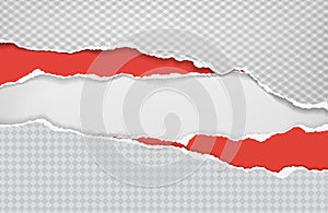 Pieces of torn and horizontal white squared and red paper with soft shadow are on white background for text. Vector