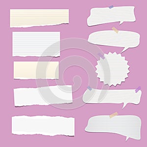 Pieces of torn white blank and ruled copybook strips inserted into cut paper on pink background with speech bubble.