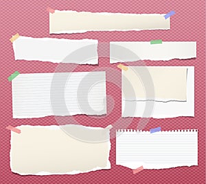 Pieces of torn white lined and blank note, notebook paper strips for text stuck with colorful sticky tape on squared red