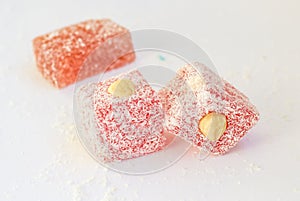 Pieces of Turkish delight on white
