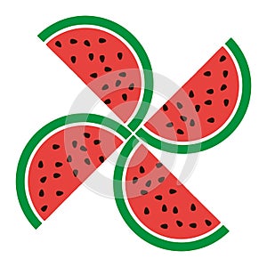 Pieces of watermelon arranged like fan blades.