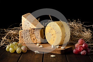 Pieces of yellow hard granular cheese with nuts and grapes and sunflower seeds