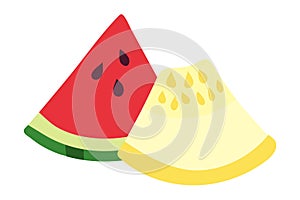 Pieces of yellow melon and watermelon. Quarter of melon and watermelon. Summer fruits. Sweet pulp with seeds. Juicy Food