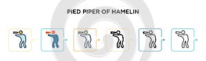 Pied piper of hamelin vector icon in 6 different modern styles. Black, two colored pied piper of hamelin icons designed in filled