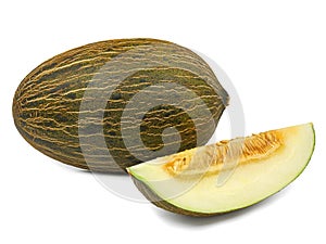 Piel de sapo melon, christmas melon and a slice on white background