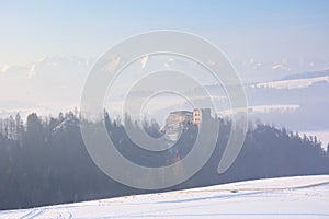 Pieniny in winter. View of the ruins of the medieval castle in Czorsztyn