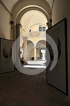 Pienza, 26th august: Palazzo Piccolomini Courtyard view from Pienza town on VaL D`Orcia. Tuscany region. Italy