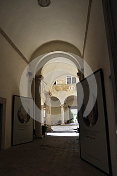 Pienza, 26th august: Palazzo Piccolomini Courtyard view from Pienza town on VaL D`Orcia. Tuscany region. Italy