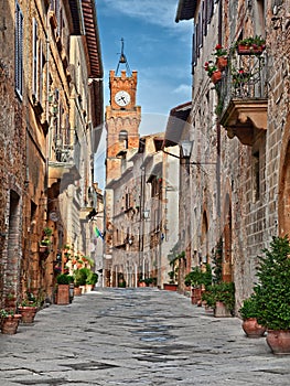 Pienza, Siena, Tuscany, Italy: the picturesque main street of the city