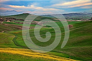 Pienza, Siena, Tuscany, Italy: spring landscape of the Val d`Orcia countryside