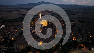 Pienza, Tuscany, aerial view of the medieval town at night evening, Siena, Italy