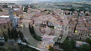 Pienza, Tuscany. Aerial view at sunset of famous medieval town