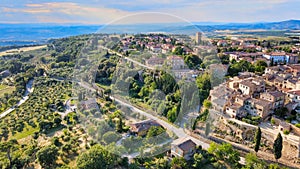 Pienza, Tuscany. Aerial view at sunset of famous medieval town