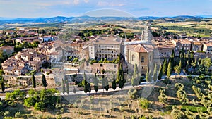 Pienza, Tuscany. Aerial view at sunset of famous medieval town