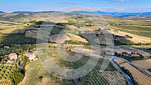 Pienza, Tuscany. Aerial view at sunset of famous medieval town