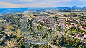 Pienza, Tuscany. Aerial view at sunset of famous medieval town