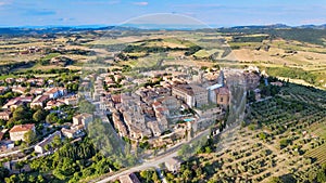 Pienza, Tuscany. Aerial view at sunset of famous medieval town