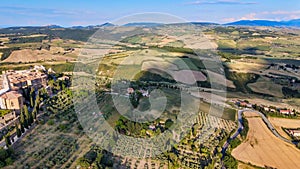 Pienza, Tuscany. Aerial view at sunset of famous medieval town