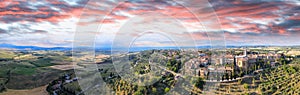 Pienza, Tuscany. Aerial view at sunset of famous medieval town