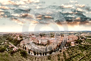 Pienza, Tuscany. Aerial view at sunset of famous medieval town