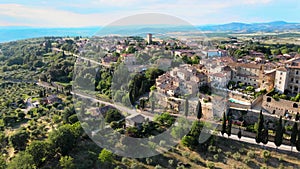 Pienza, Tuscany. Aerial view at sunset of famous medieval town