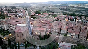 Pienza, Tuscany. Aerial view at sunset of famous medieval town