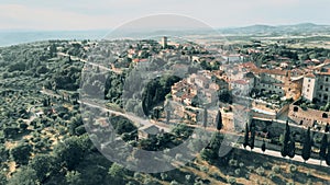 Pienza, Tuscany. Aerial view at sunset of famous medieval town