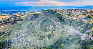 Pienza, Tuscany. Aerial view at sunset of famous medieval town