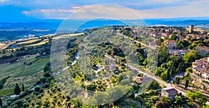 Pienza, Tuscany. Aerial view at sunset of famous medieval town