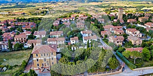 Pienza, Tuscany. Aerial view at sunset of famous medieval town