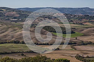 Pienza - Tuscany/Italy, October 30, 2016: Scenic Tuscany landscape with rolling hills and valleys in autumn, near Pienza