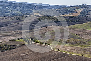 Pienza - Tuscany/Italy, October 30, 2016: Scenic Tuscany landscape with rolling hills and valleys in autumn, near Pienza