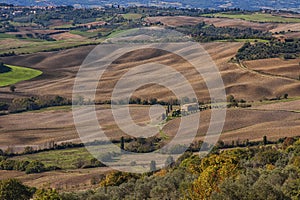 Pienza - Tuscany/Italy, October 30, 2016: Scenic Tuscany landscape with rolling hills and valleys in autumn, near Pienza - Val D`