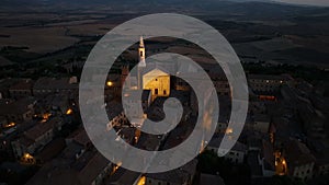 Pienza tuscany village, aerial view of Duomo di Santa Maria Assunta, Italy