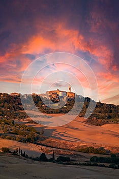 Pienza Val d\'Orcia Tuscany Italy. Cityscape and the surrounding countryside