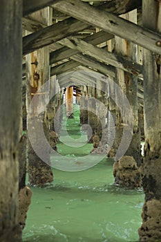 Underneath of old wooden pier photo