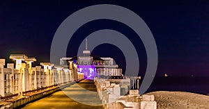 On the pier of Blankenberge beach, Belgium, Popular city architecture lighted by night