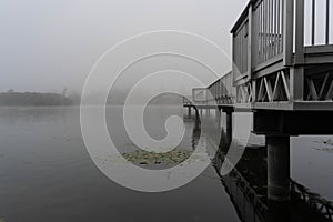 Pier building with yellow leaves in the water against foggy horizon