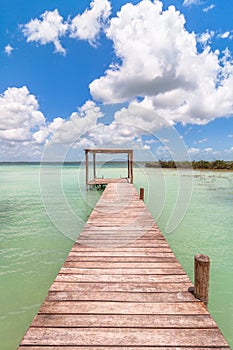 Pier in Caribbean Bacalar lagoon, Quintana Roo, Mexico