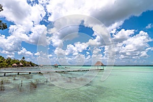 Pier in Caribbean Bacalar lagoon, Quintana Roo, Mexico photo